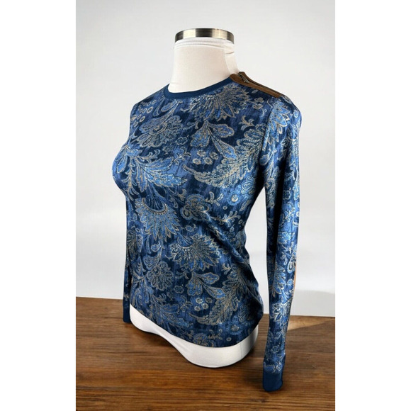 NWT Lauren Ralph Lauren Paisley Print LS Suede Elbow Shoulder Zip Top Blue Large - Picture 13 of 14